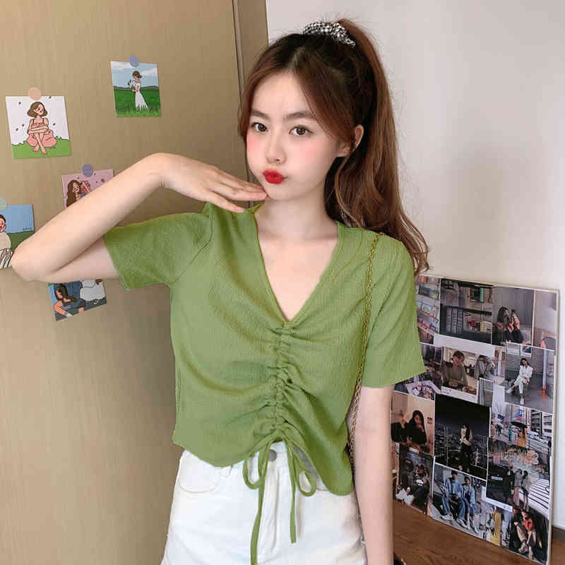 

Lucyever Summer Women Sexy Drawstring T-shirt Ruffles V-neck Short Sleeves Shirts Woman Korean Fashion Solid Color Tops Ladies 210521, Creamy-white