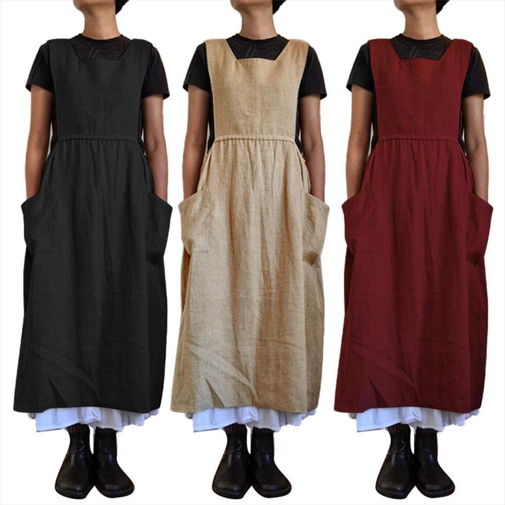 

solid color sleeveless square women dress neck pockets cotton linen apron long, Black;gray