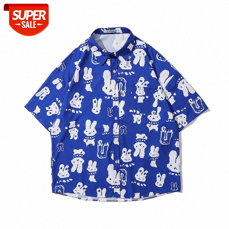 

Retro Harajuku style rabbit full-print short-sleeved shirt flow loose bf couple casual half-sleeved #y98C, White;black