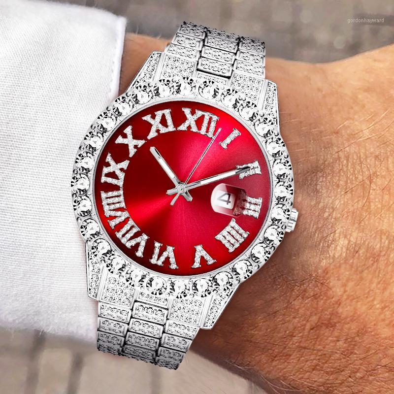 

Wristwatches MISSFOX Brand Men Watch Luxury Set Full Ice Out Siliver Bracelet Watches Fashion Red Dial Hip Hop Diamont Wristwatch Arrival, 2643red-gs