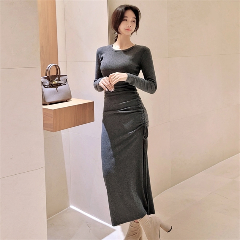 

long maxi korean ladies fall SLeeve crew neck Knitting Office Sexy Party Dress for women china clothing 210602, Gray