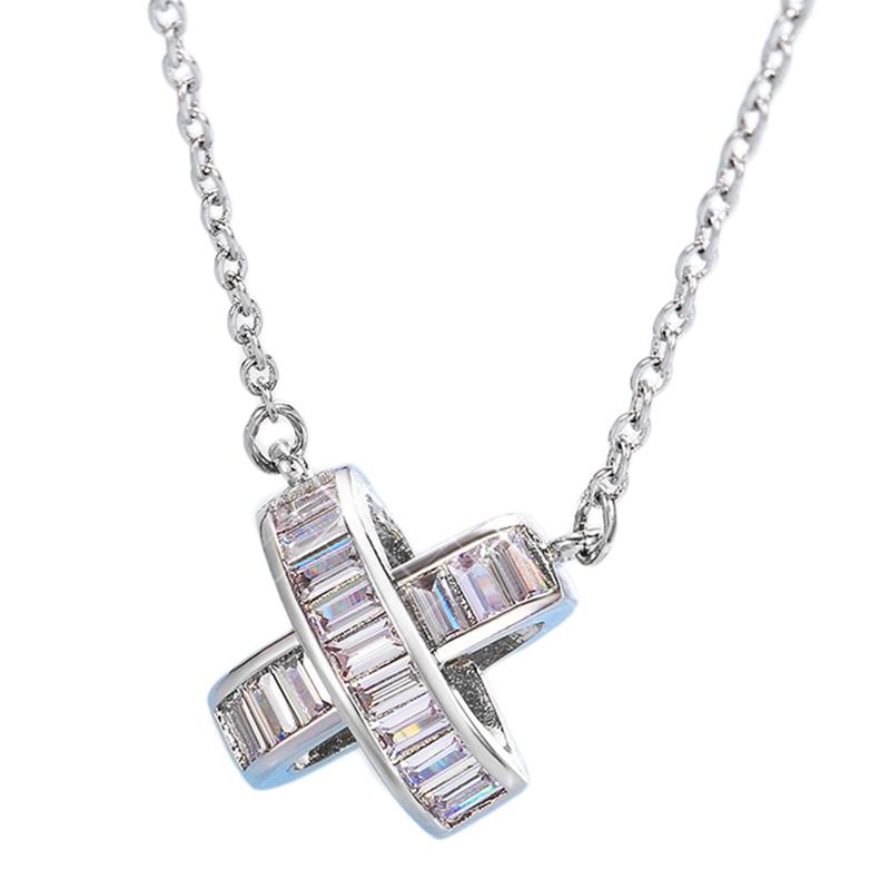 

Pendant Necklaces Stylish X Shape Cross Pendent Necklace For Women Delicate Bridal Wedding Accessories Shiny CZ Stone Fashion Lady, Silver