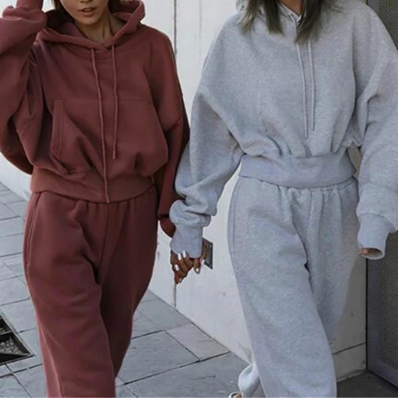 

Women's Hoodie Tracksuit Solid Oversize Casual Female Hooded Set Long Sleeve Drawstring Crop Top High Waist Pants Spring 210518, Gray