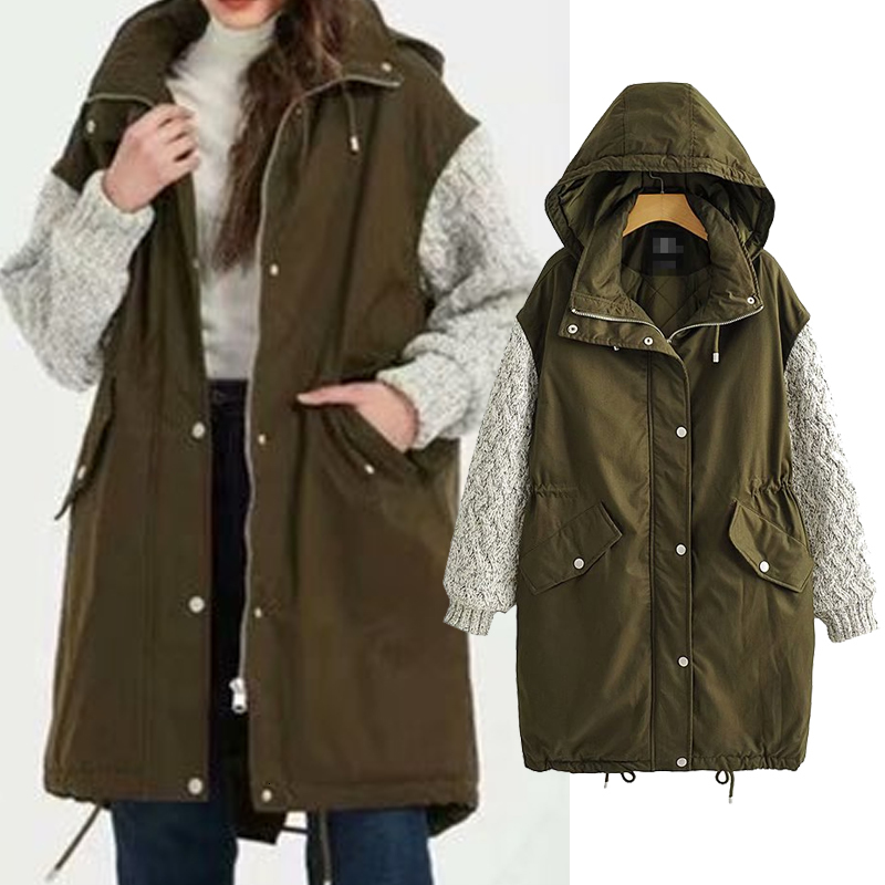 

Women's Down & Parkas women Loose Hooded Middle length jacket ladies Splicing sleeve casual stylish zipper Single breasted coat HK, Black