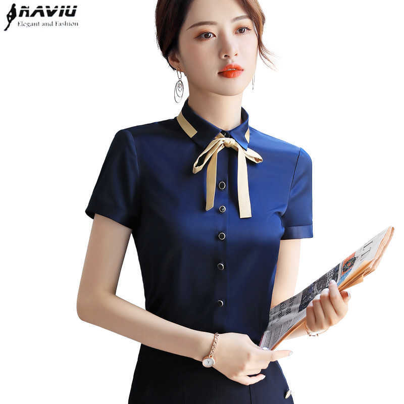 

Elegant Bow Shirt Women Summer Fashion Temperament Short Sleeve Chiffon Blouses Office Ladies Plus Size Casual Tops 210604, White