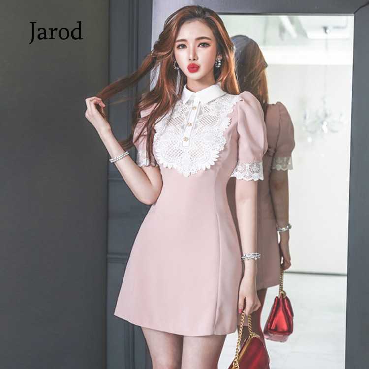 

Summer Pink Lace Patchwork A-Line Mini Short Sleeve Vestidos Sweet Slim Cute Female Dress 210526