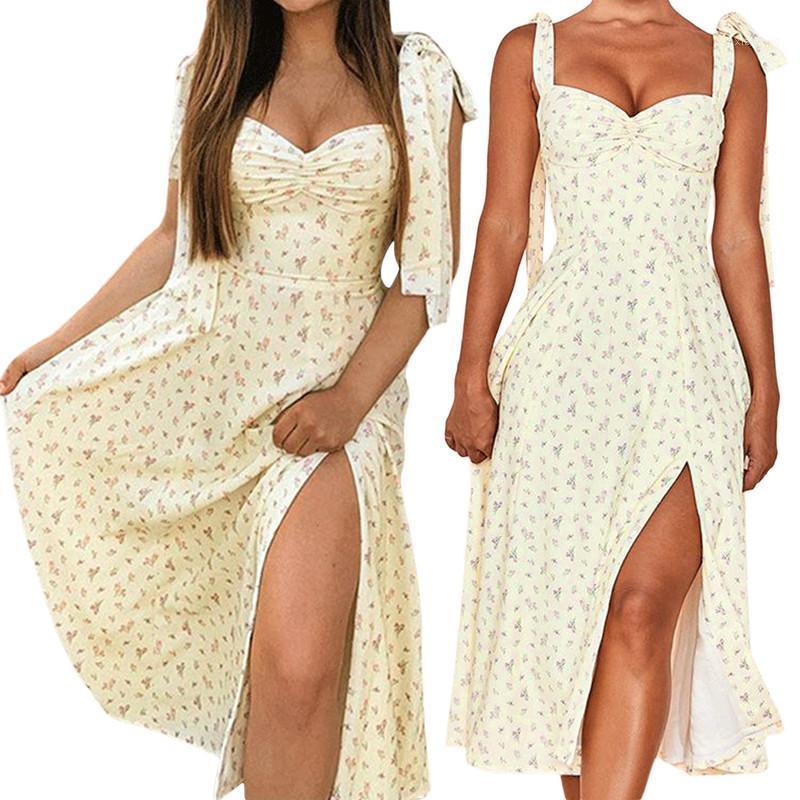 

Casual Dresses 2021 Women\u2021s High Split Cami Long Dress Summer Sexy Sleeveless Bow Tie Strap Floral Print Yellow Midi
