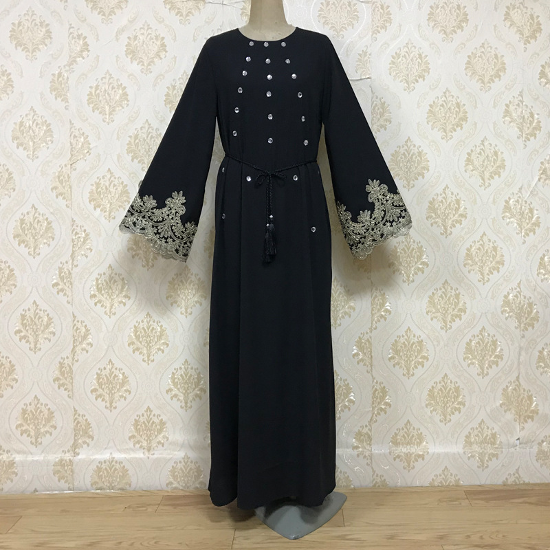 

Muslim Abaya Women Elegant Diamond Kimono Long Robe Turkish Islamic Clothing Caftan Elbise Maxi Embroidery Lace-up Hijab Dress