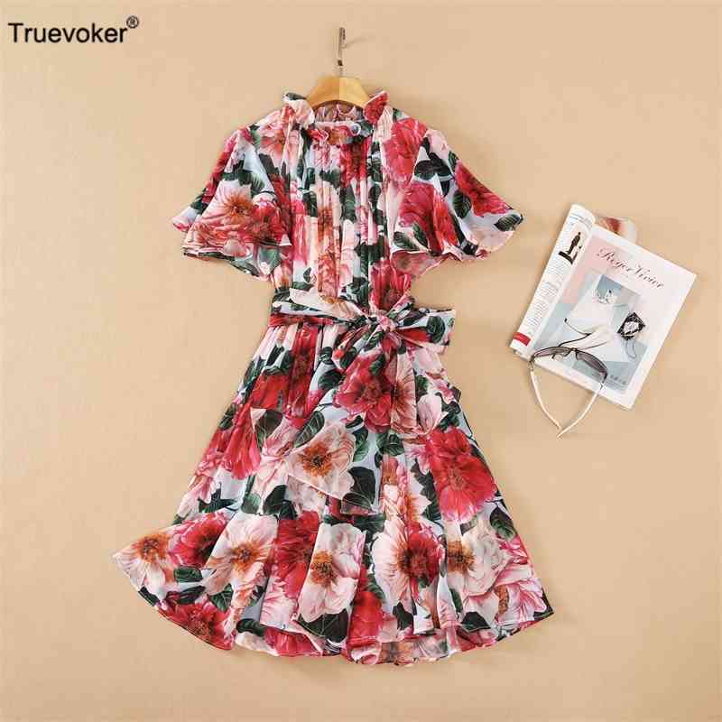 

Truevoker Lady Fancy Print Holiday Dres Short Sleeve Peony Flower Tied Waist Resort Robe Mujer Vestido 210602, Multi