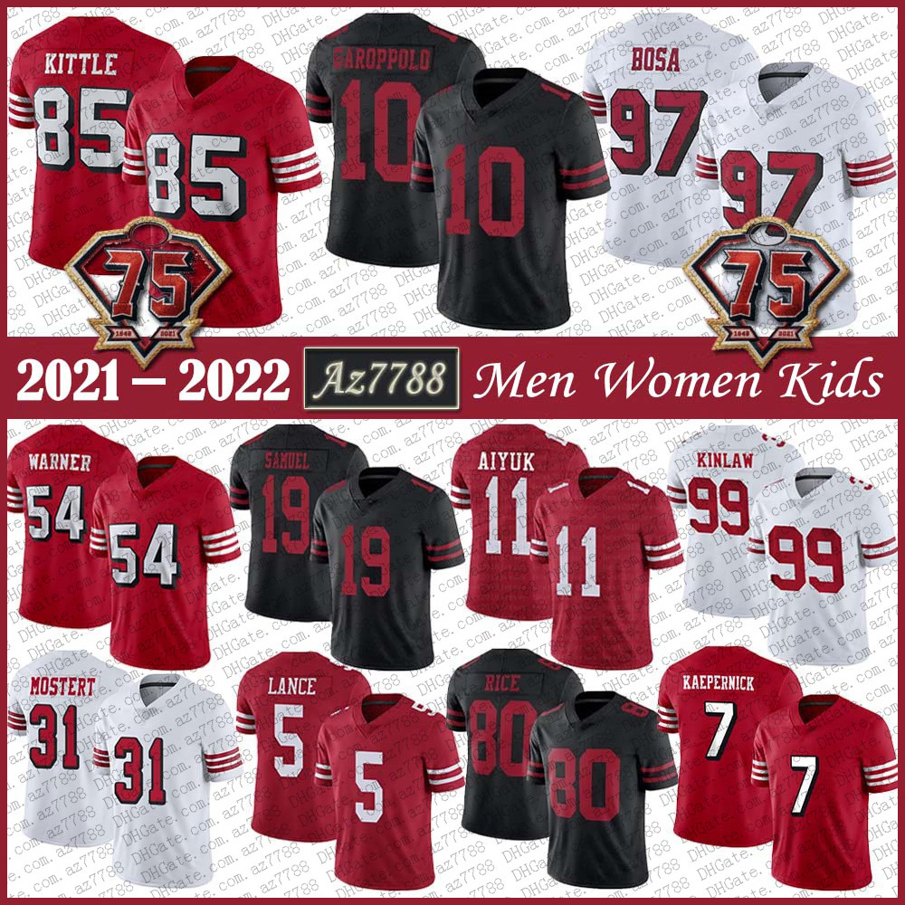 

85 George Kittle 97 Nick Bosa Men Women Kid Football Jersey 5 Trey Lance Deebo Samuel Jimmy Garoppolo Fred Warner Brandon Aiyuk Kyle Juszczy, Black;red