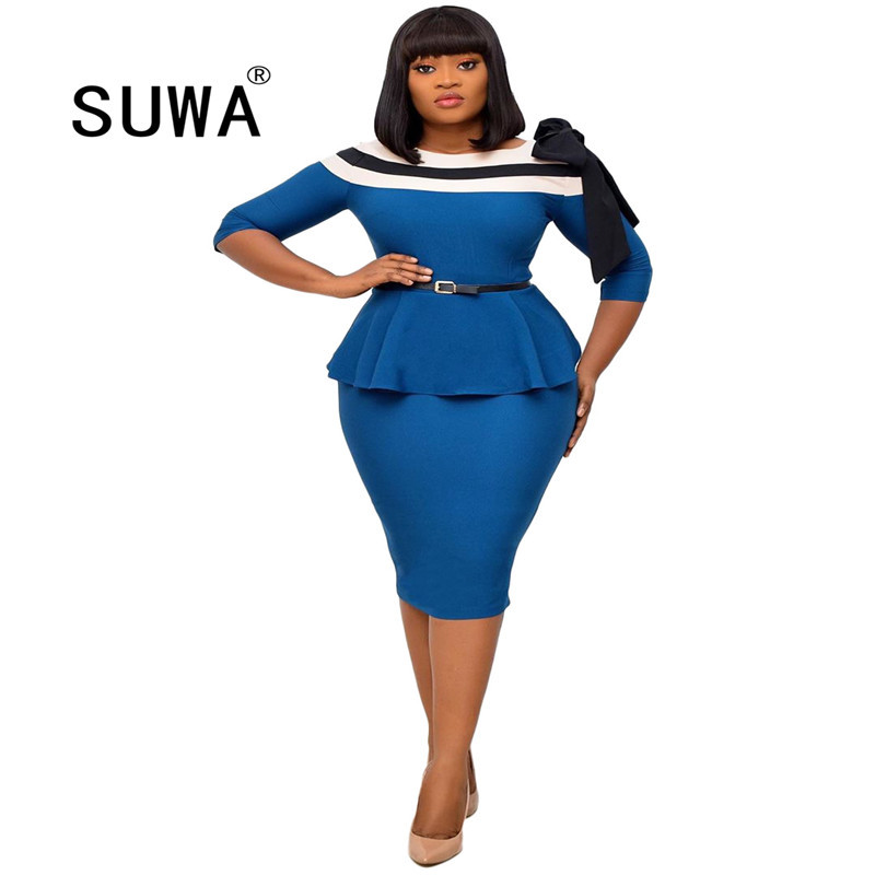 

3XL Plus Size African Dress For Women Clothing Casual Slim Patchwork Color Midi es Elegant Sexy Long Work 210525, Blue
