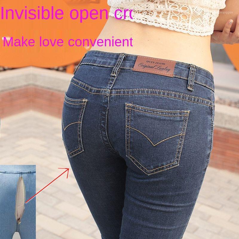 

Women's Jeans Full Zipper Pants Women Outdoor Invisible Open Crotch Low Waist Skinny Wild Couple Dating Open-Crotch, Blue
