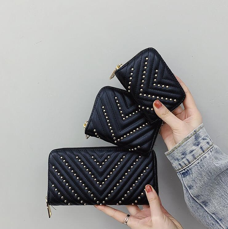 

Factory wholesale women handbag street fashion rivet punk wallet personality Joker Thread leather womens wallets fashions stripes storage zipper Card bag, Black3