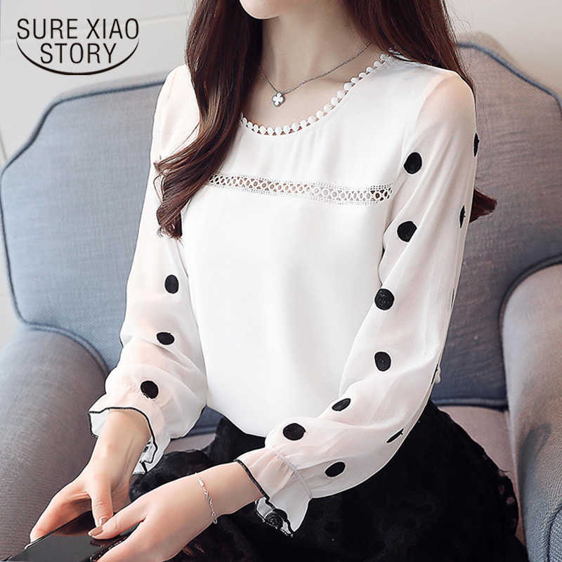 

Fashion Sweet Long Sleeve Chiffon Women Blouse Shirt Women' Clothing O-neck Black Dot White Feminine Tops Blusas D383 30 210527