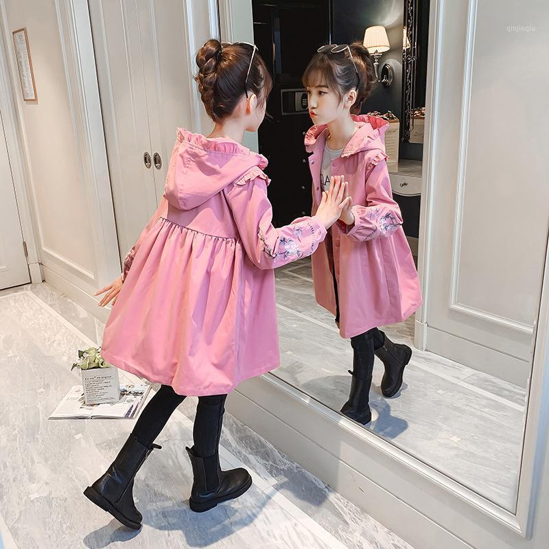 

Coat Spring And Autumn Girls Fashion Long Windbreaker Pink Khaki Tops Button Hooded Cardigan Embroidered Printed, Blue;gray