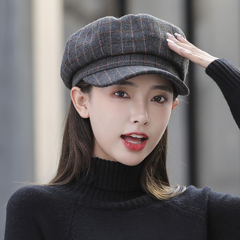 

Berets Vintage Plaid Beret Cap Winter Autumn Octagonal Hat Women Thickened Warm Artist Painter Fashion Sboy Caps, Blue;gray