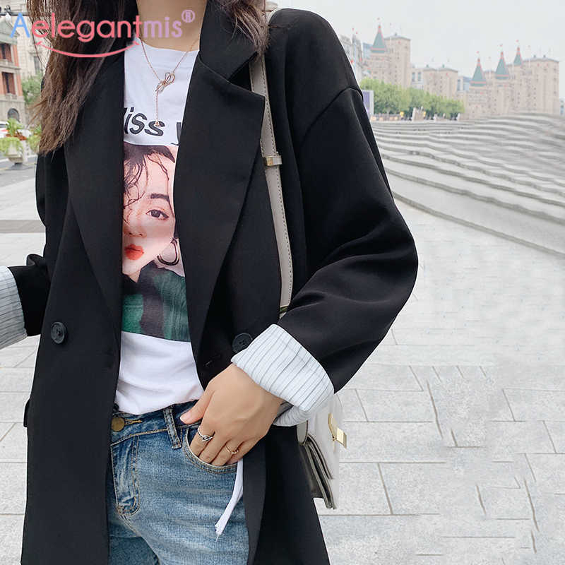 

Aelegantmis Single Button Office Lady Casual Blazer Jacket Women Black Long Sleeve Work Suit Coat Ladies Loose Blazers Outerwear 210607