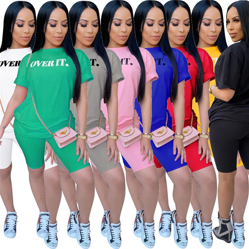 

Summer Jogger Suits Casual Women Tracksuits Short Sleeve T shirt Biker Shorts Two Pcs Outfits Letters Print Cycling Sportswear Black Sweatsuits OVER IT 2755, Mix color
