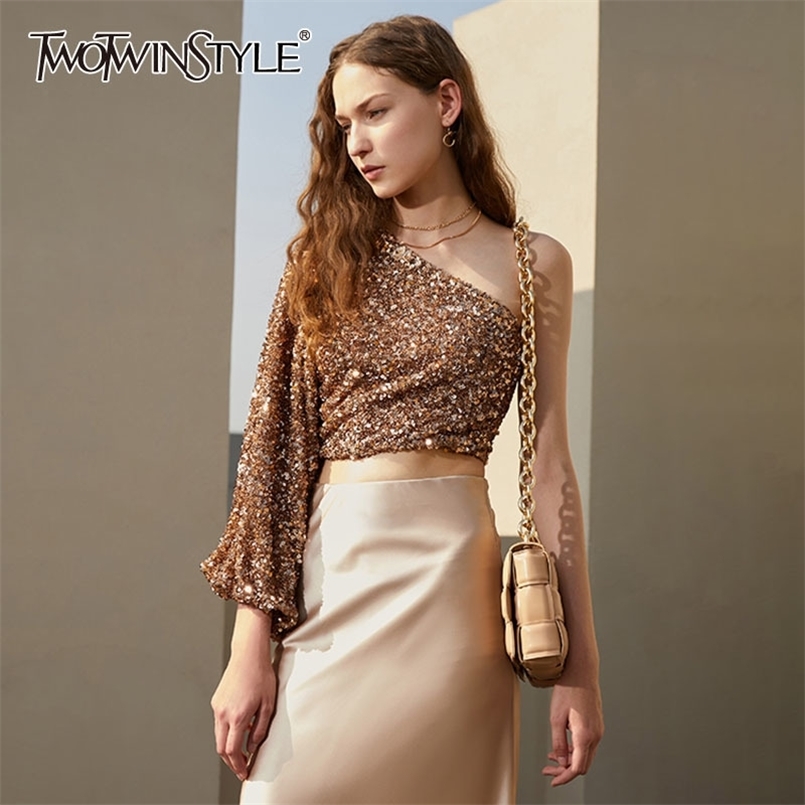 

Patchwork Sequins Shirts For Women Skew Collar Lantern Long Sleeve One Shoulder Off Short Blouses Female Style 210524, Rosegold