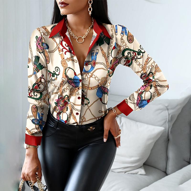 

Women' Blouses & Shirts 2022 Women Fashion Shirt Lady Long Sleeve Blouse Turn-down CollarButton Design Print Casual Tops Mujer Camisa, Style-6