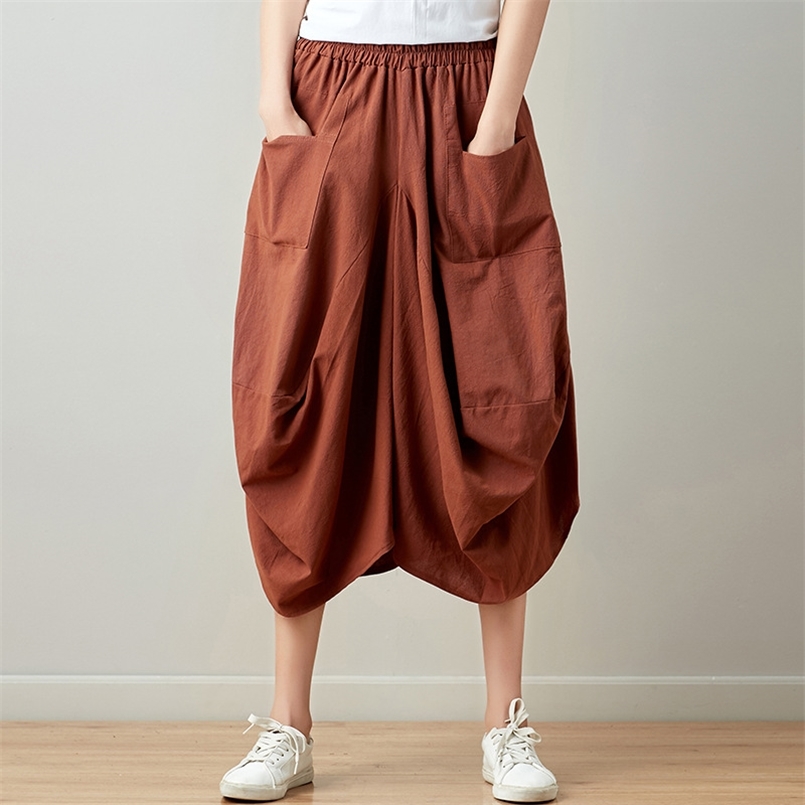 

Johnature Summer Skirts Casual Plaid Bud Pockets Multicolor Pleated Knee-length Natural Comfortable Women 210708, Black