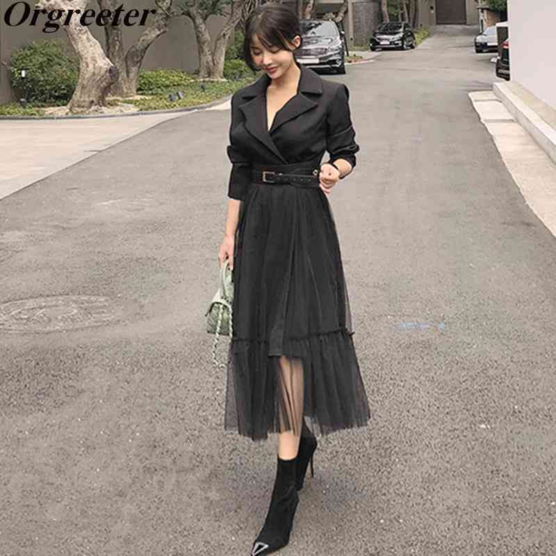 

Elegant Blazer Dresses Spring Casual Mesh Patchwork Notched Collar Long Sleeve With Belt Midi Big Swing Vestidos 210525, Black