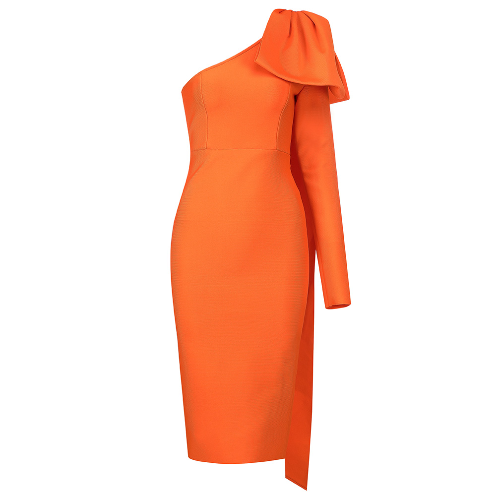 

2021blue orange runway bownot one shoulder long sleeve rayon bandage dress cocktail party bodycon dress vestidos, Black;gray