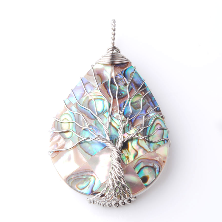 

WOJIAER Tree of Life Silver Wire Wrap Water Drop Bead Necklace & Pendant Natural Abalone Shell Jewelry Chain 18 Inch W9308