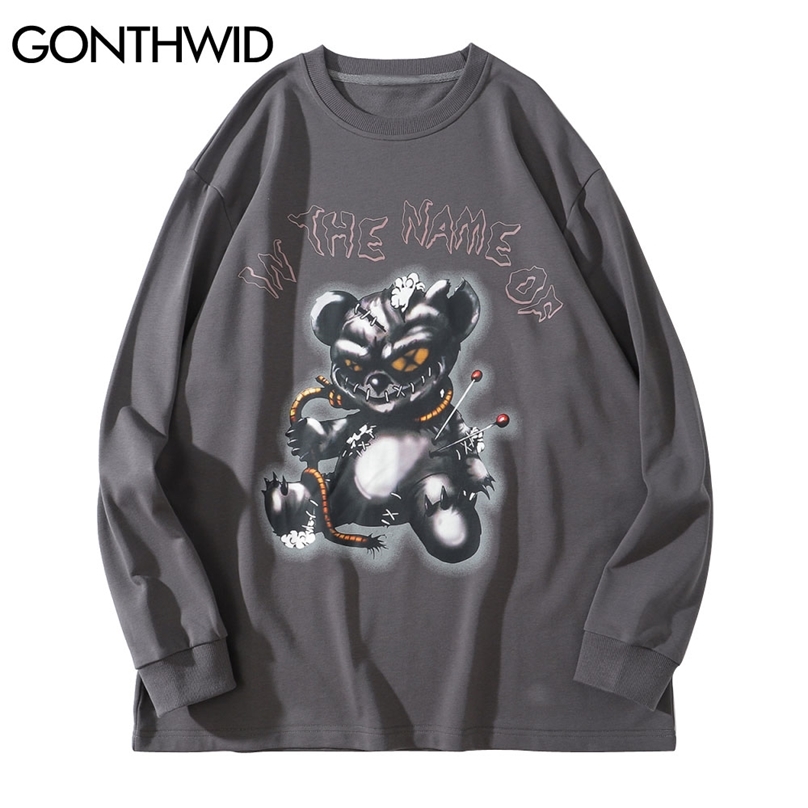 

Long Sleeve Tees Shirts Streetwear Hip Hop Devil Bear Print Casual Loose Tshirts Harajuku Punk Rock Gothic Tops 210602, Black