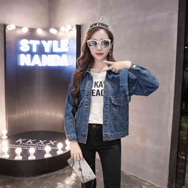 

Women's Jackets Spring Autumn Korean style denim female jacket turn-down collar long sleeve button up top casual ladies washed jeans 61GD, 1# shoe box
