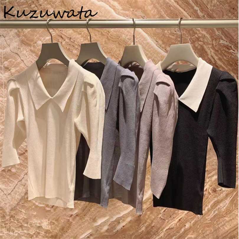 

Kuzuwata Autumn Fashion Sweet Jumper Turn Down Collar Half Sleeve Slim Ribbing Knitted Pullover Japanes Women Sweaters 211018, Mocha brown