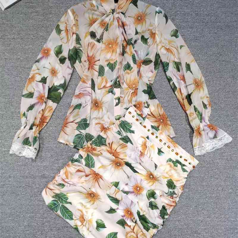 

Truevoker Lady Runway Fashion Party Sets Full Sleeve Flower Print Tops With Draped Sheath Skirt Women's Two Pieces Set 210602, Orange
