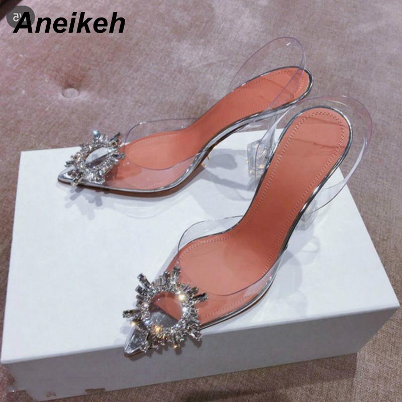 

Sandals Aneikeh PVC Women CRYSTAL Sun Flower Thin High Heels Vintage Pointed End Elegant Back Strap Ladies Shoes, Black