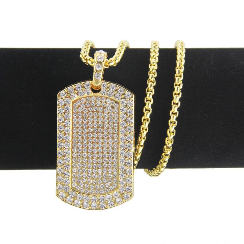 

Pendant Necklaces Hip Hop Full Rhinestones Paved Bling Iced Out Gold Geometric Sqaure Dog Tag Pendants Necklace For Men Rapper Jewelry