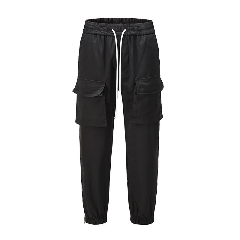 

High Street Black Drawstring Multi-pockets Cargo Pants Mens Autumn Straight Ankle Zipper Casual Trosuers Baggy Track Pants