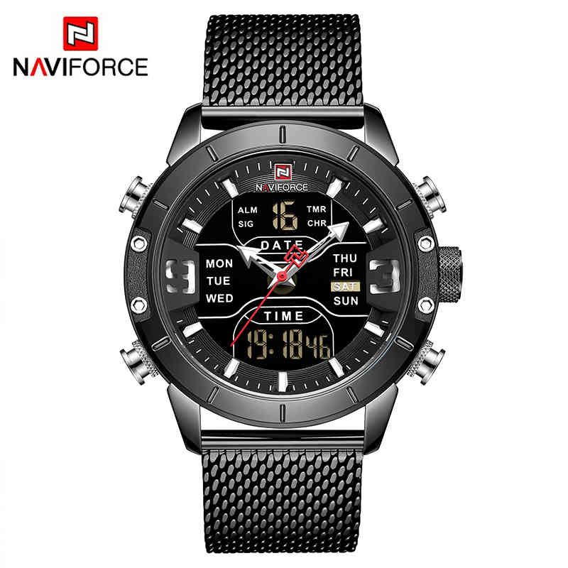 

NAVIFORCE Fashion Men Watch Dual Display Mens Quartz Watches Stainless Steel Strap Waterproof Male Clock Relogio Masculino 210517, Silver black