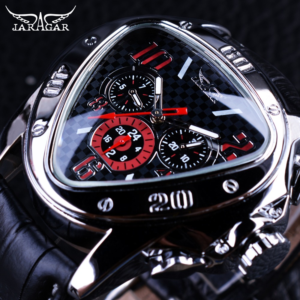 

Jaragar Sport Racing Design Geometric Triangle Pilot Genuine Leather Men Mechanical Watch Top Brand Luxury Automatic Wrist Watchg, Black silver