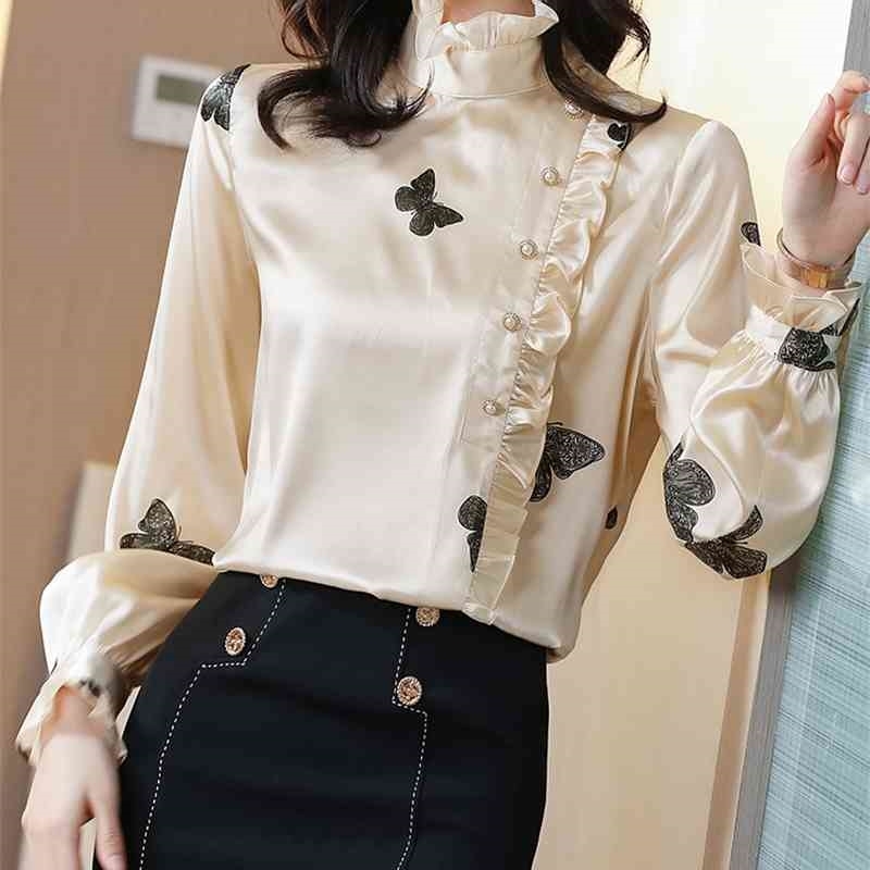 

LDYRWQY design sense wood ears stand-up collar heavy mulberry silk print blouse thick satin shirt women 210603, Black