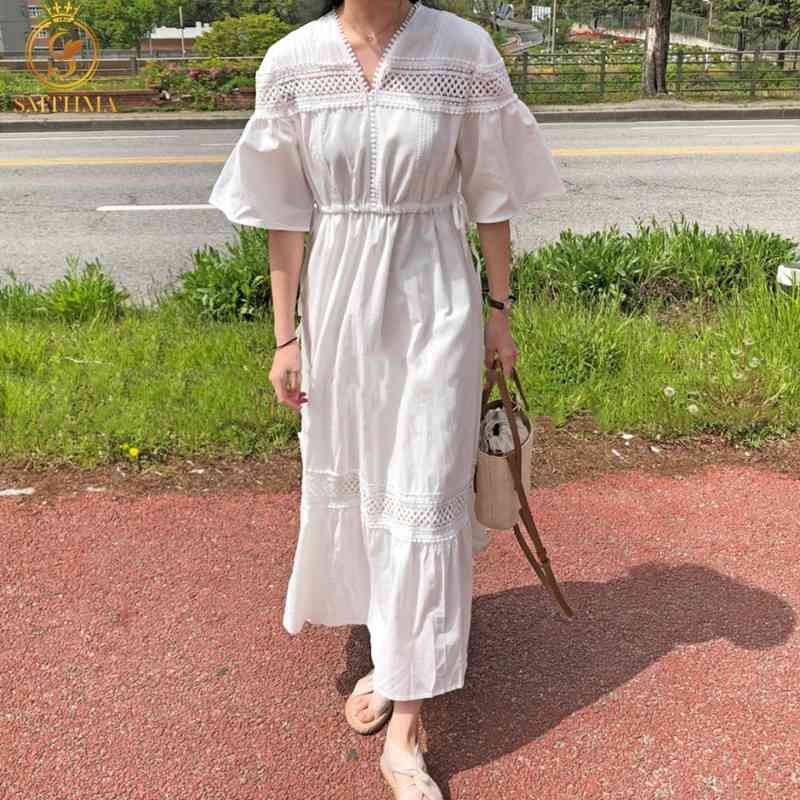 

Arrival Sexy V-Neck Lace Hollow Embroidery Summer Dresses Ladies Patchwork Puff Sleeve Temperament Loose Dress 210520, Picture color