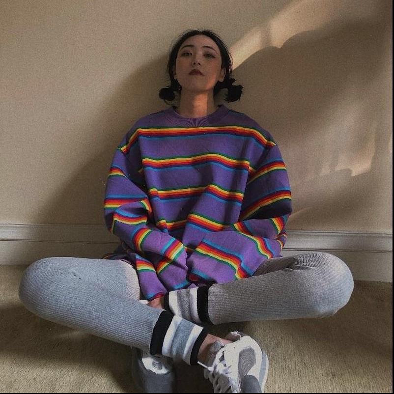 

womens hoodie women rainbow striped pullover fleece thickening autumn winter loose jumpers oversized hoodies 56532, Black