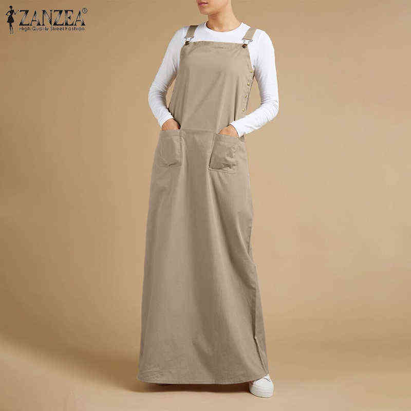 

ZANZEA 2021 Women's Summer Sundress Elegant Overalls Dress Solid Suspenders Vestidos Female Square Neck Buckle Robe 7 G1223, Beige