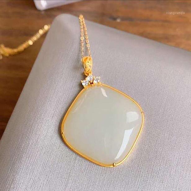

Silver Inlaid Natural Hetian White Jade Pulp Geometric Pendant Necklace Chinese Style Retro Bohemian Charm Women's Jewelry Chains