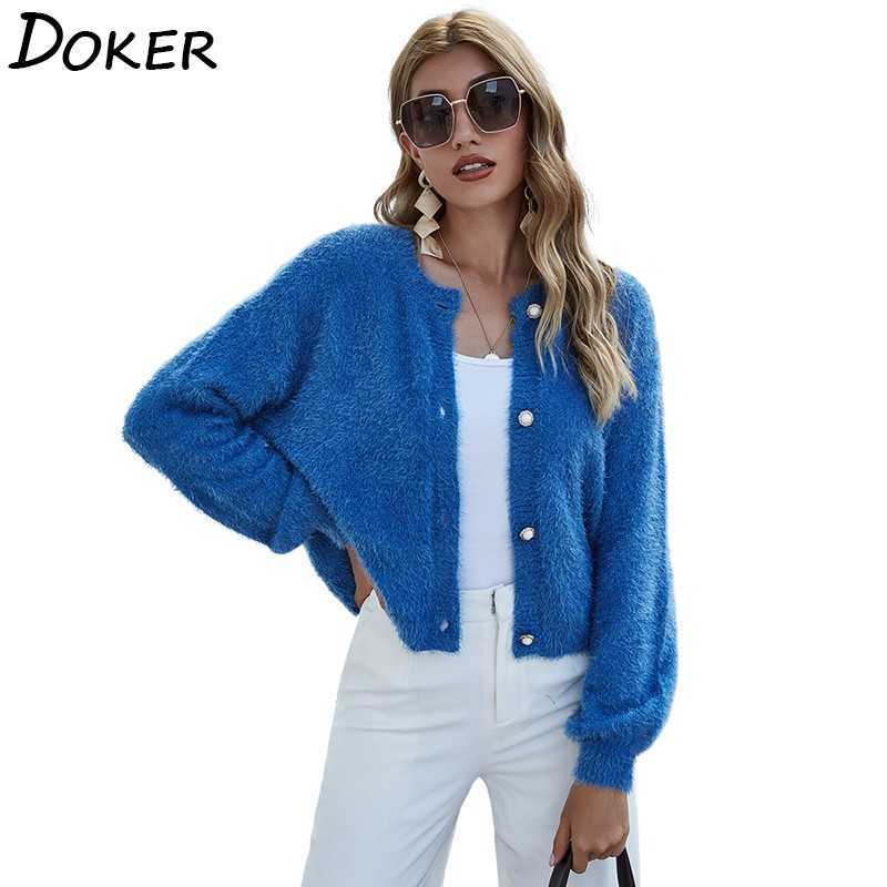 

Autumn Winter Short Knit Cardigan Sweaters For Women Long Sleeve Fashion Sweater Female Vintage Knitted Coat Femme 210604, Blue
