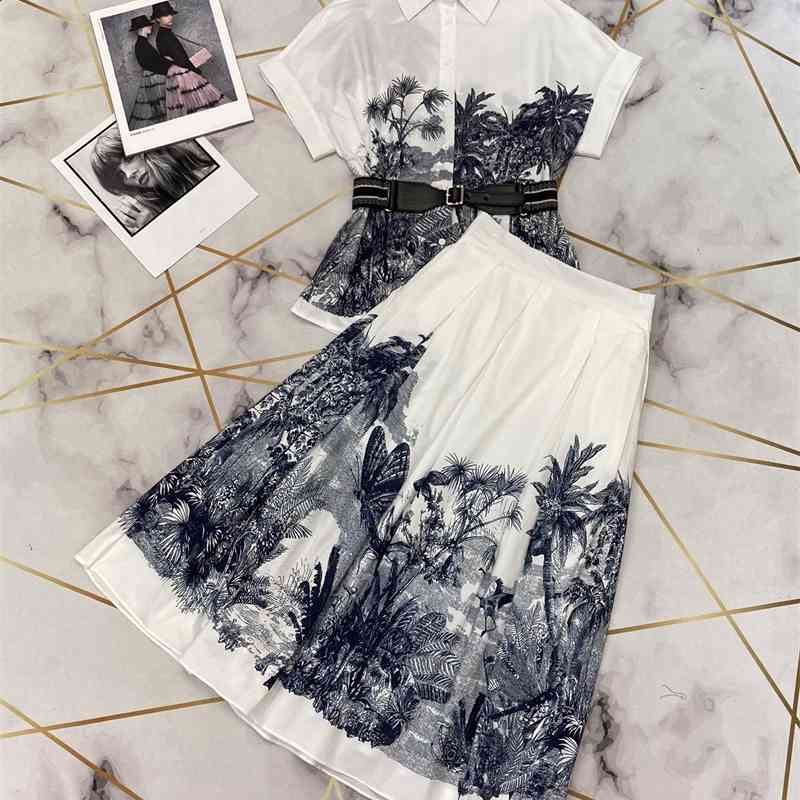 

Truevoker Women High Street European Skirt Set Lady Print Shirt With Resort Two Piece Sets Suits 210602