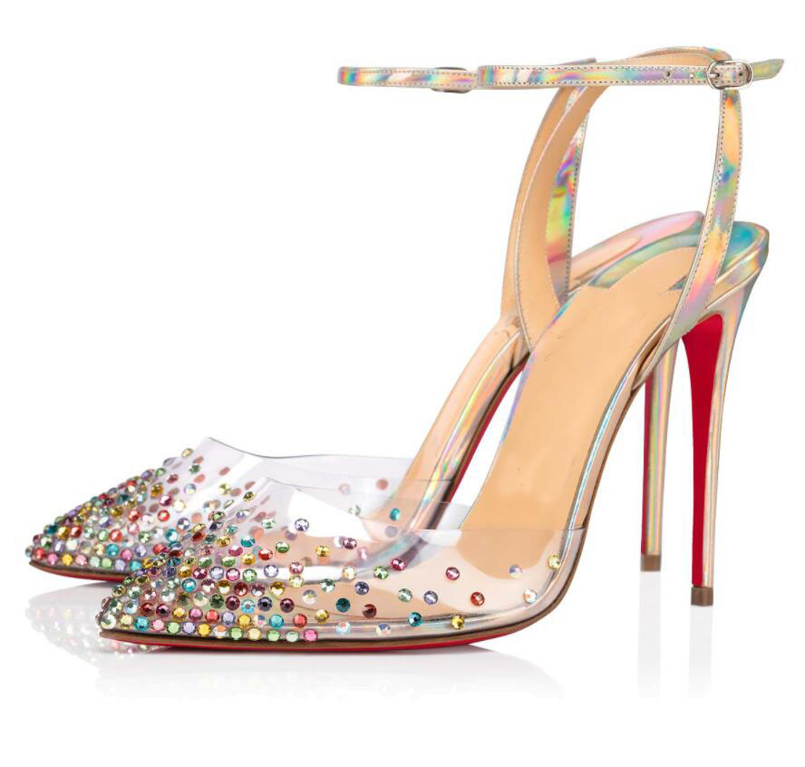

Perfect Summer Women's Spikaqueen Dress Shoes Sexy Pointed Toe Pumps Lady Red Bottom High Heels PVC Strass Party Wedding Bridal With Box,EU35-43