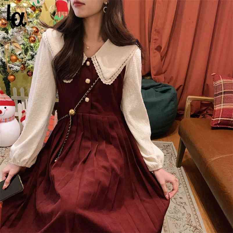 

Elegant Vintage Dress Women Kawaii Casual Korean Spring Sweet Preppy Style Peter Pan Collar Party 210519, Burgundy