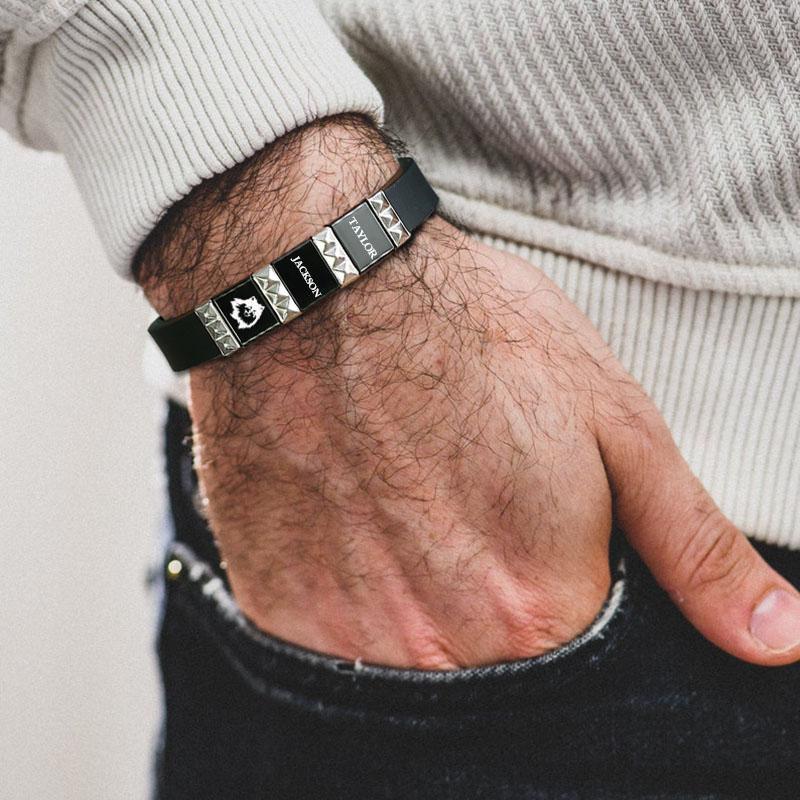 

Link, Chain Free Engraved Mens Silicone Bracelet With Beads Personalized Birthday Jewelry For Dad Husband Boyfriend