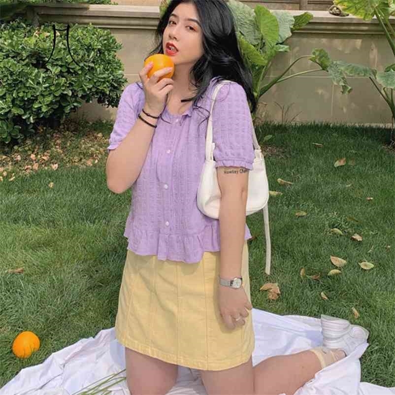 

Women Summer Short Sleeve Plus Size Blouse Shirts Vintage Ruffles Female Purple Casual Street Lady Loose Tops 210517, Black