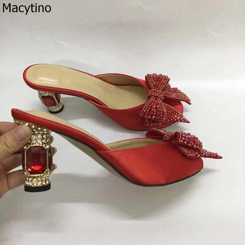 

Slippers 8CM Women Satin Woman Slip On Sandals Crystal Bowtie High Heel Summer Sliders Espadrille Shoes Chanclas De Mujer, Black