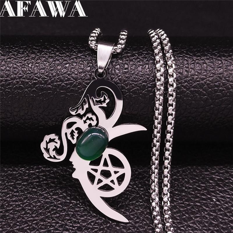 

Witchcraft Pentagram Moon Flower Natural Stone Stainless Steel Chain Necklaces Silver Color Women/Men Jewelry Collier N4353S02 Pendant